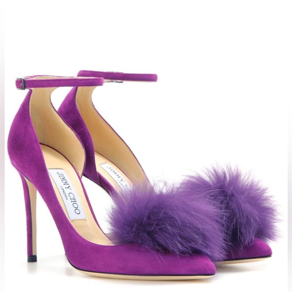 Jimmy Choo Rosa 100 Pumps with Clip-on Fur Pompoms 42. Almost new condition.